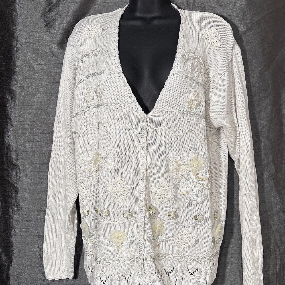 Womens Cottagecore Floral Embellished V-Neck Cardigan Dollie Grandma Sweater M